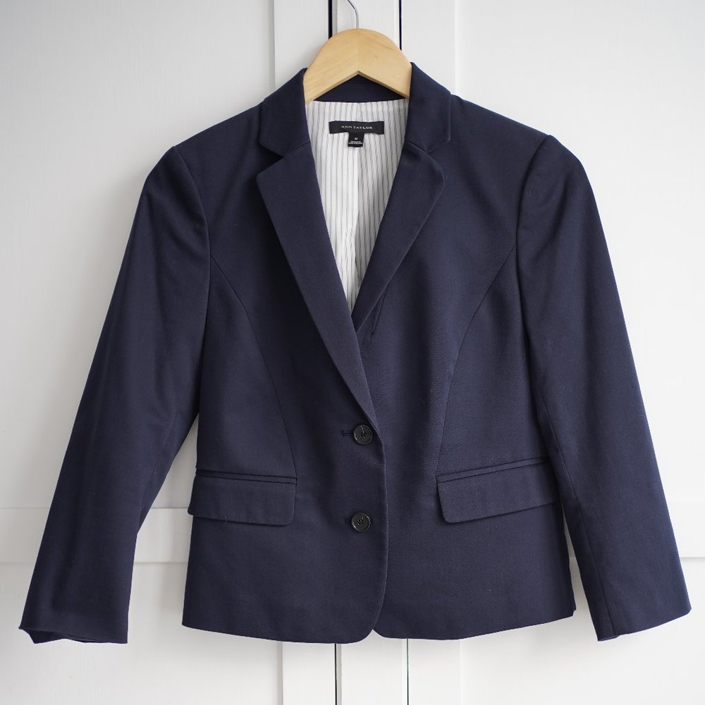 Ann Taylor Brushed Cotton 3/4-Sleeve Blazer, Navy, 0